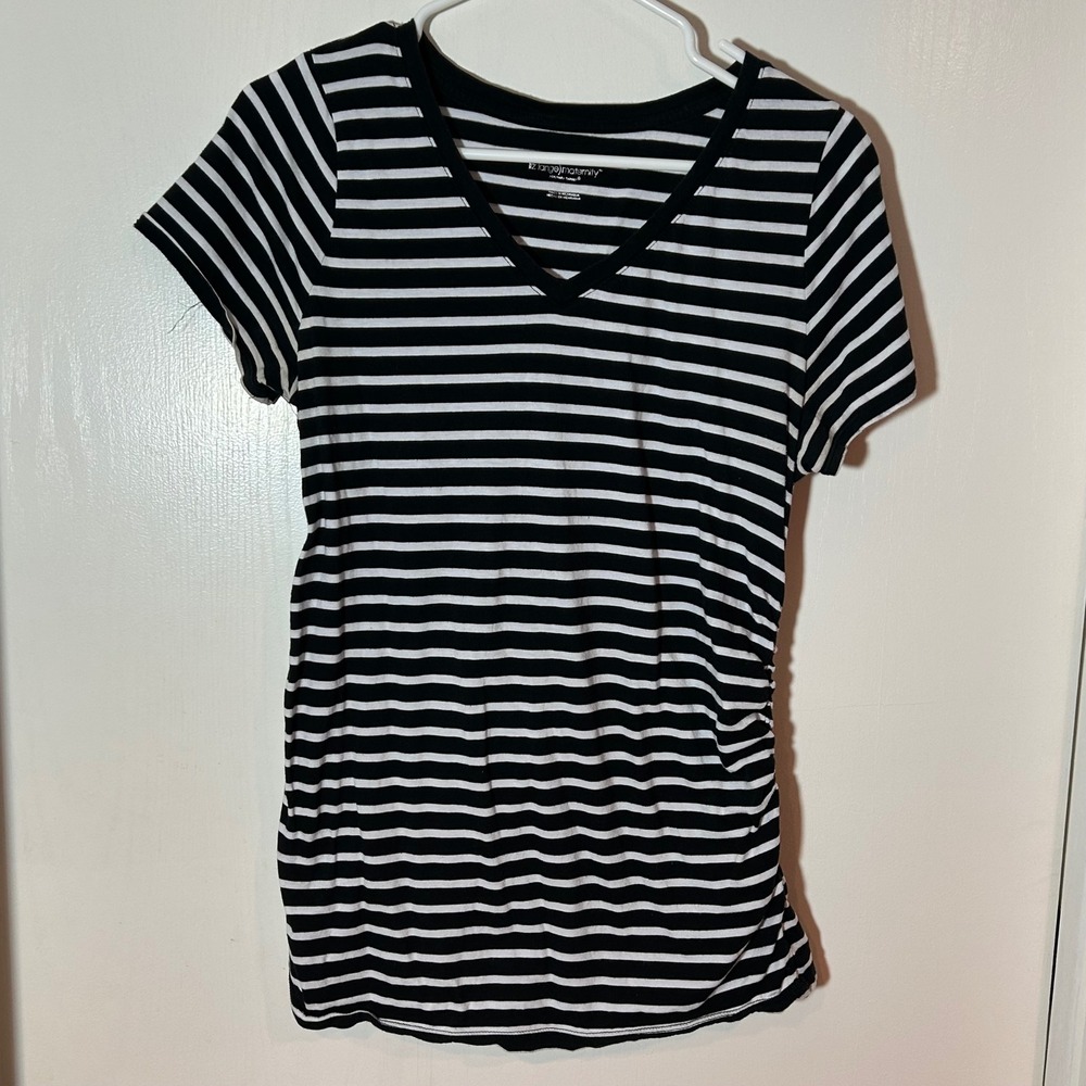 Liz Lange Maternity Target Black White Striped Ruched V-Neck Short Sleeve Top M